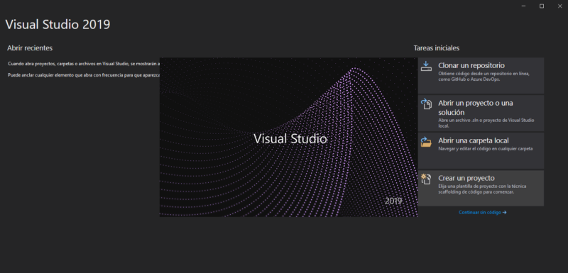 Inicio de Visual Studio 2019